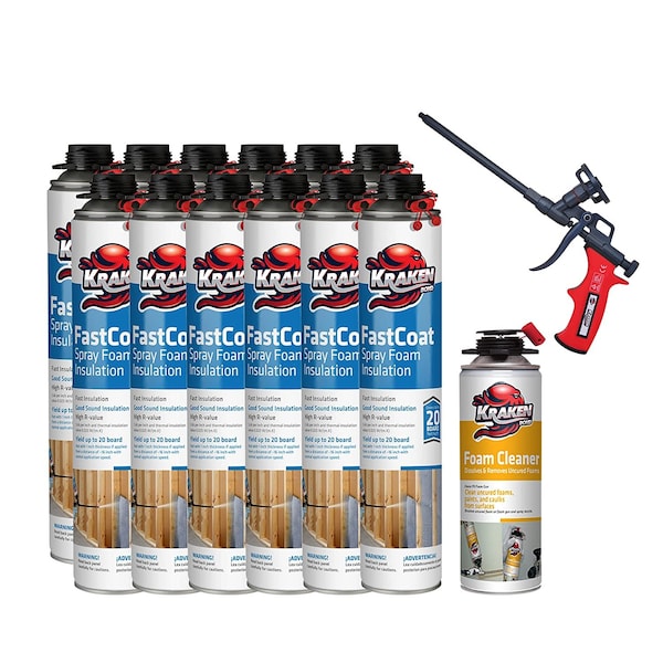 Krakenbond FastCoat Insulation Foam Spray, 27.1 oz, 12 Gun Use Cans, 1 Spray Foam Gun, 1 Spray Foam Cleaner, 14PK 12FC1FGC1SG - main